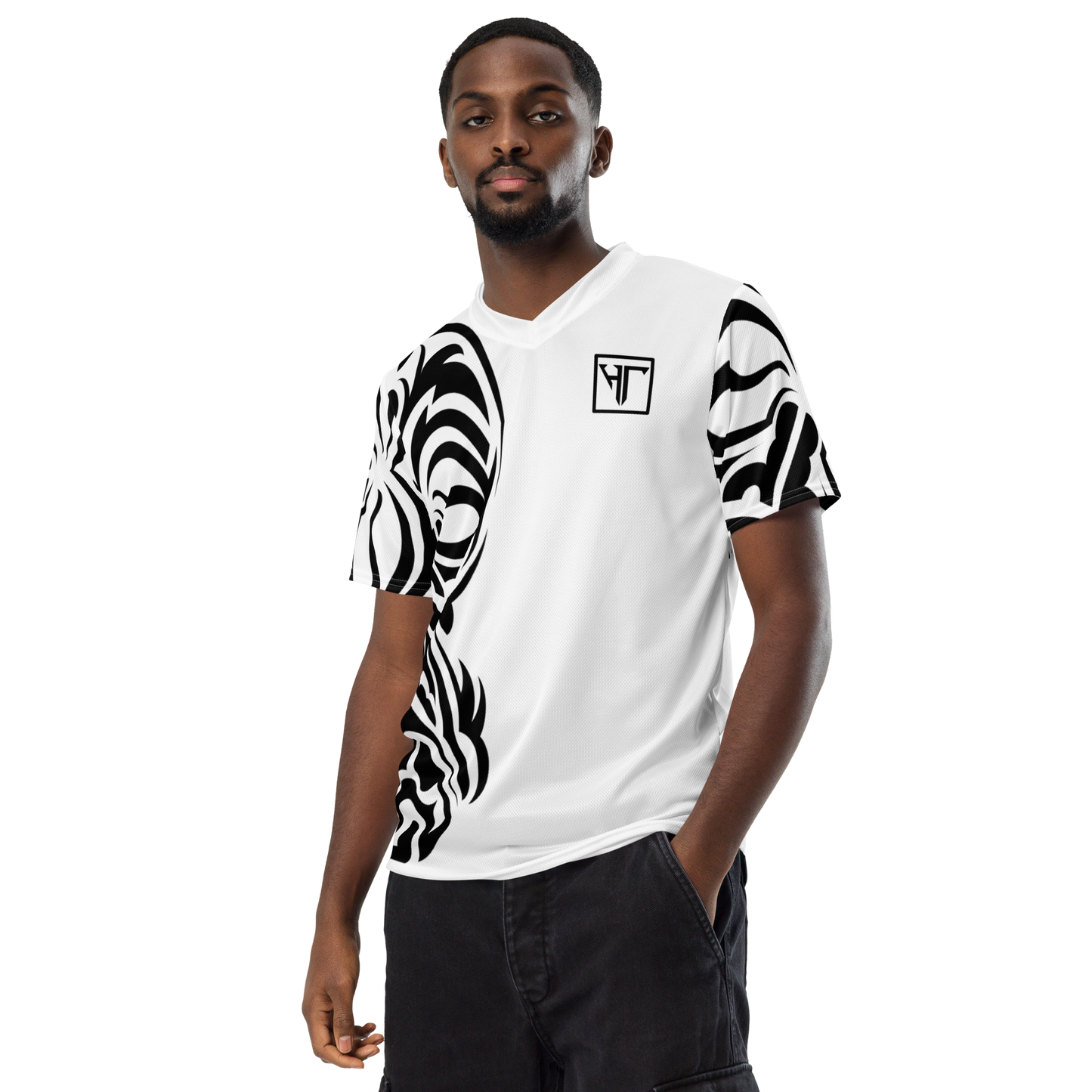 HT black tribal white vneck sports jersey