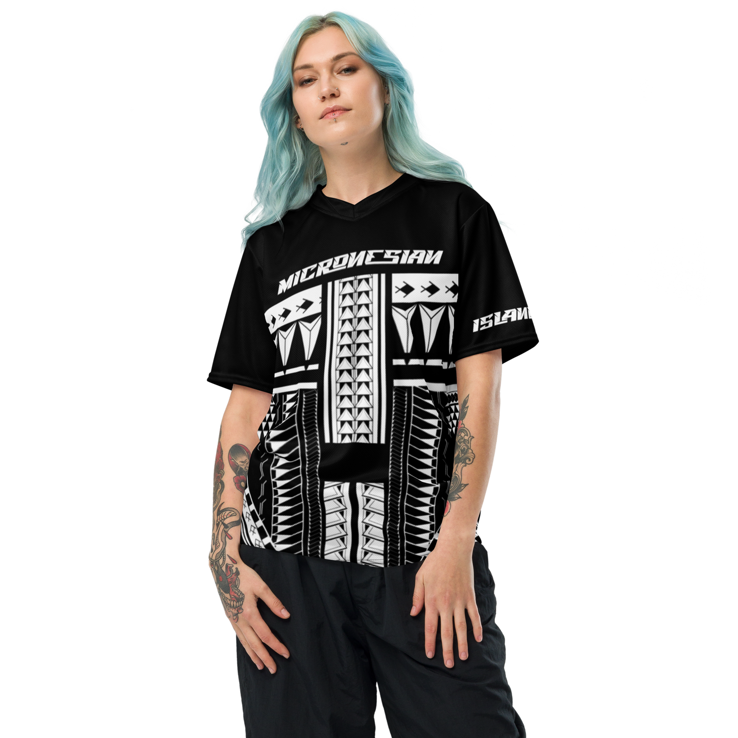 Micronesian Tribal black n white Recycled unisex sports jersey